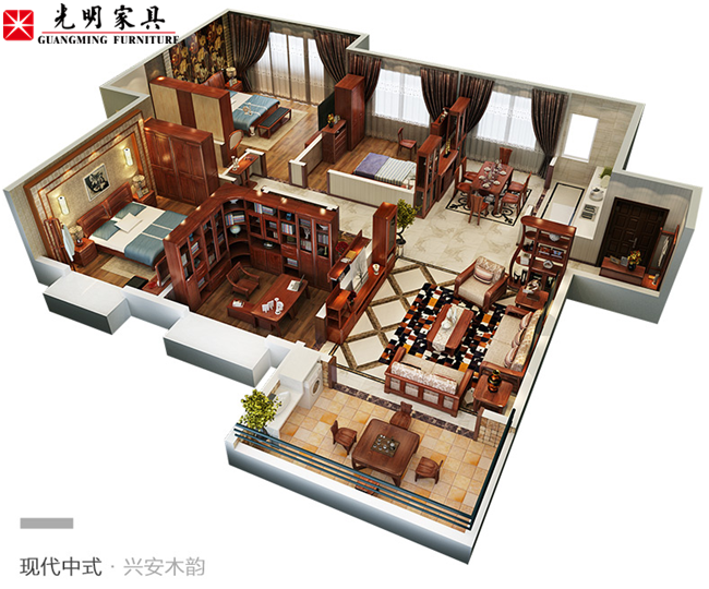 套系實木家具擺放效果欣賞，實木家具圖片展示